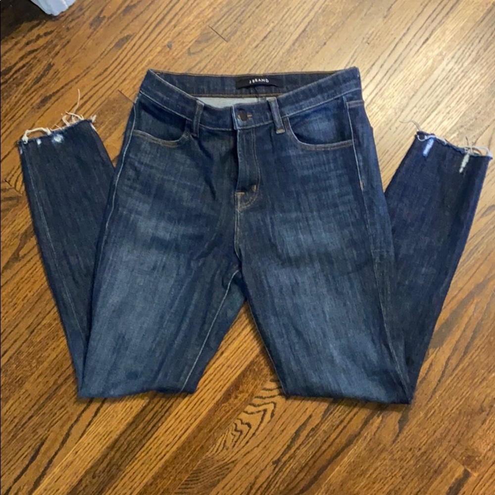 J brand high rise jeans with distressed bottoms